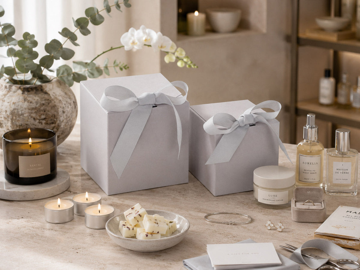 Cloud Grey Kraft Cube SoftBox Gift Carton Samples for Luxury Retail Gifting and Candles