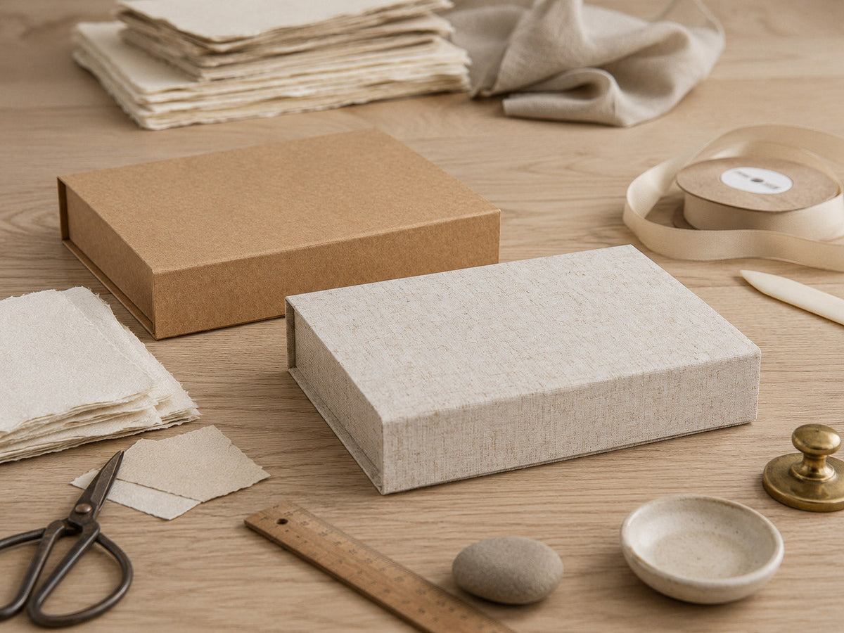 A5 Shallow No Magnet Gift Box Samples in Natural Kraft and Natural Linen