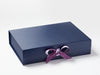 Amethyst and Light Orchid Double Ribbon Featured on Navy Gift Box