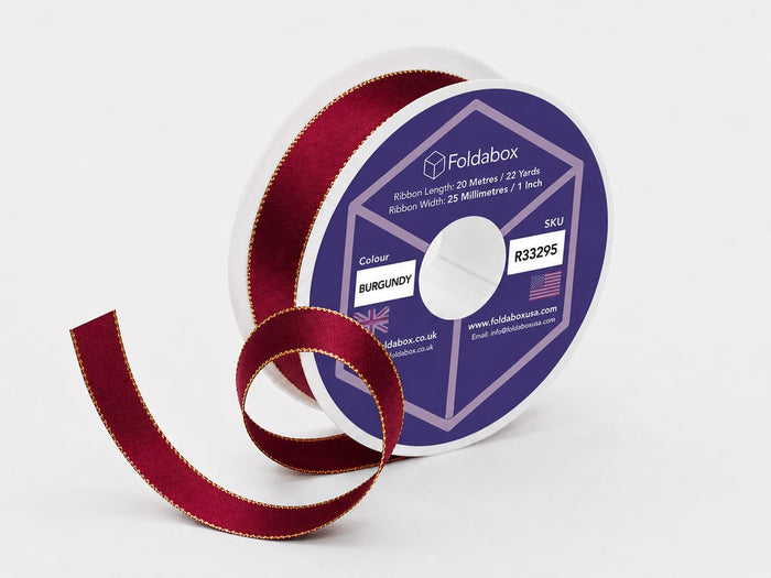 Burgundy Satin Ribbon with Stitched Gold Edge 20m Roll