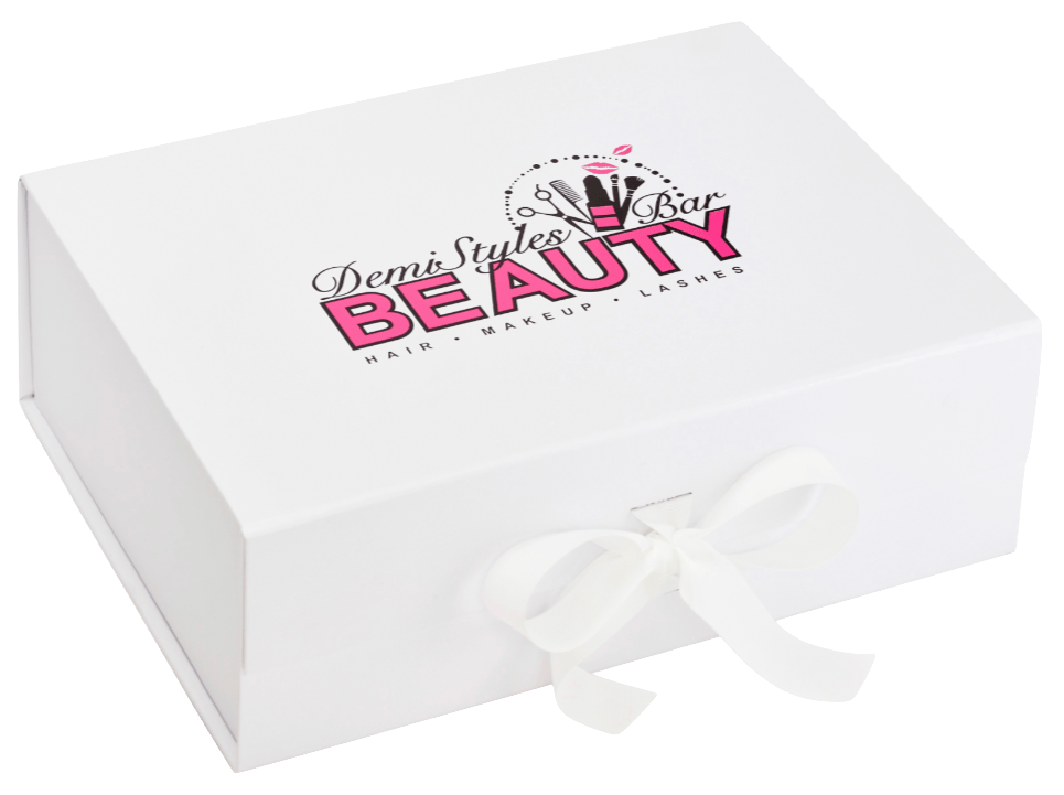 White gift box with a bow and 'Demi Styles Bar Beauty' logo on a green background