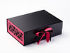 Black Satin and Hot Pink Grosgrain Ribbon Featured with Hot Pink Hearts FAB Sides® on Black Gift Box