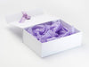 Hyacinth and Light Orchid Ribbon with Lavender Tissue Paper Featured with White Gift Box