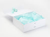 Aqua Satin and Crystaline Grosgrain Ribbon with Mint Green Tissue Paper Featured with White Gift Box