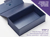 Blue gift box with open lid on a white background, showing assembly instructions. Step 3.
