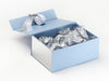 Silver Sparkle Ribbon Featured with Silver Tissue paper and Metallic Silver FAB Sides® on Pale Blue Gift Box