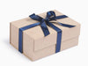 Navy Satin Ribbon with Gold Stitched Edge Featured on Stone Faux Suede Gift Box
