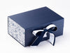 White Satin Ribbon Featured with Vintage Blue FAB Sides® on Navy Gift Box