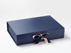 Navy Blue A3 Shallow Gift Box with Pale Pink Saddle Stitched Double Ribbon Bow