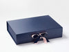 Example of Pink Saddle Stitched Ribbon Double Bow Featured on Navy A3 Shallow Gift Box