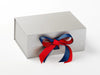 Bright Red Grosgrain Ribbon Featured with Light Navy Ribbon as a Double Bow on Silver Gift Box