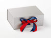 Example of Bright Red and Light Navy Double Ribbon Bow Featured on Silver A5 Deep Gift Box