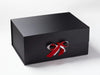 Bright Red Grosgrain Ribbon Featured with White Ribbon as a Double Bow on Black Gift Box