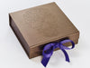 Bronze Folding Gift Box with Debossed Logo and Regal Purple Grosgrain Ribbon