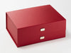 Example of Sample Gold Metal Slot Decal Labels Featured on Red A5 Deep Gift Box