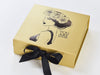 Gold Folding Gift Box with Black Grosgrain Ribbon and Custom Printed Black Foil Blocked Design