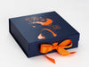 Navy Blue Gift Box with Custom Printed Orange Foil Design and Tangerine Orange Ribbon