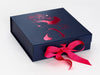 Example of Hot Pink Ribbon Featured on Navy Blue Gift Box with Hot Pink Foil Printed Design
