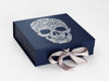 Navy Blue Gift Box with Custom Printed Silver Foil Design and Silver Grey Ribbon