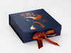Navy Blue Gift Box with Custom Printed Copper Foil Design and Copper Ribbon