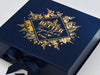 Example of Custom 1 Colour Gold Foil Design Onto Navy Blue Gift Box