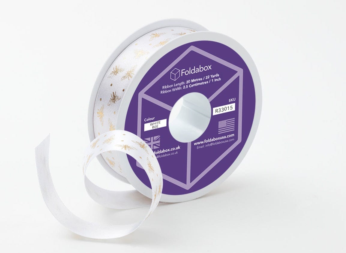 White Gold Sparkle Bee Recycled Satin Ribbon Roll from Foldabox