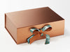 Teal Wildwood Recycled Satin Ribbon Featured as a Double Bow on Copper Gift Box