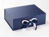 White Sparkle Bee Recycled Satin Ribbon Double Bow Featured on Navy Gift Box