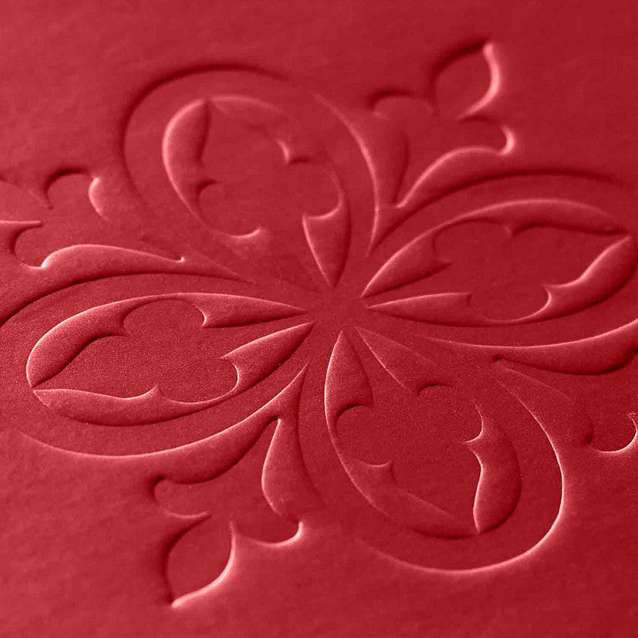 Custom Debossed Logo onto Red Pearl Paper