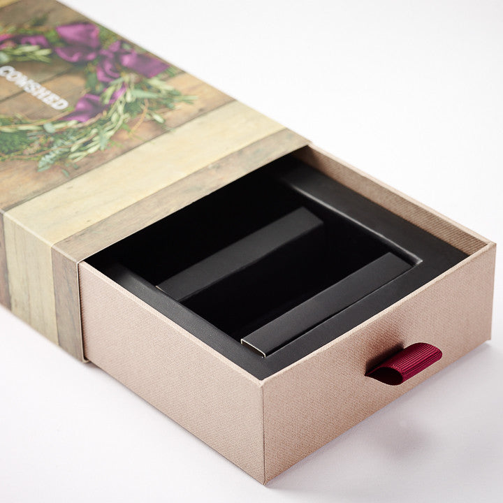 Custom Printed CMYK Outside Card Sleeve With Rigid Board Tray Covered In Textured Paper