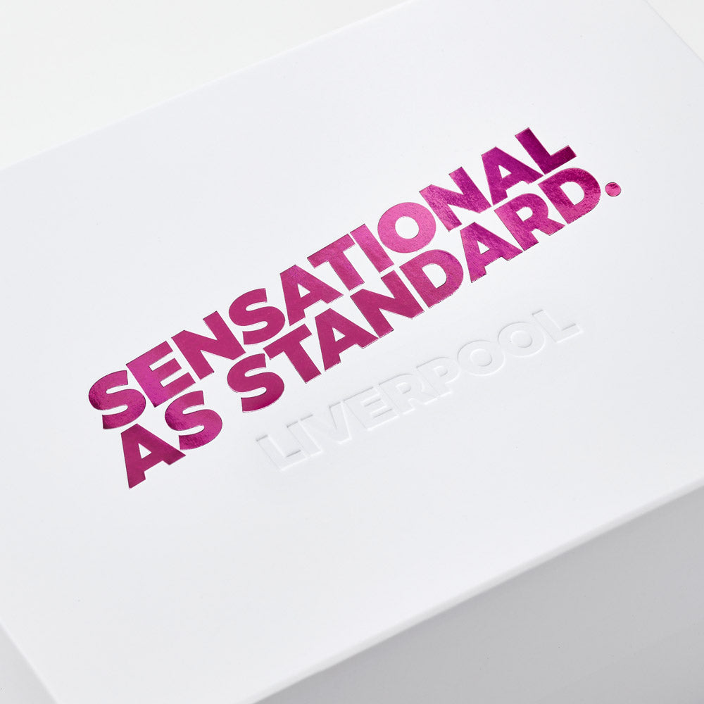 Example of Custom 1 Colour Pink Foil and Debossed Logo Onto White Gift Box