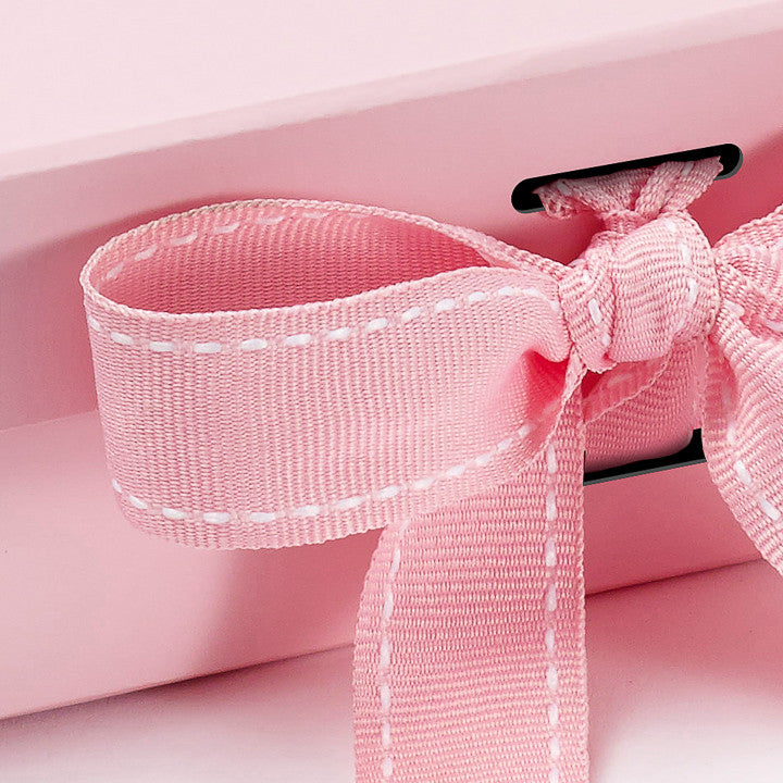 Pale Pink Polyester Grosgrain Ribbon with White Saddle Stitched Edges Assembled to Slot Gift Box