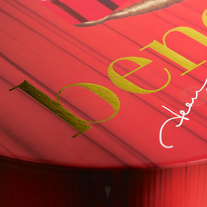 Foldabox UK Example of CMYK Printing onto Rond Hat Box with Large Gold Foil Blocked Text Logo 