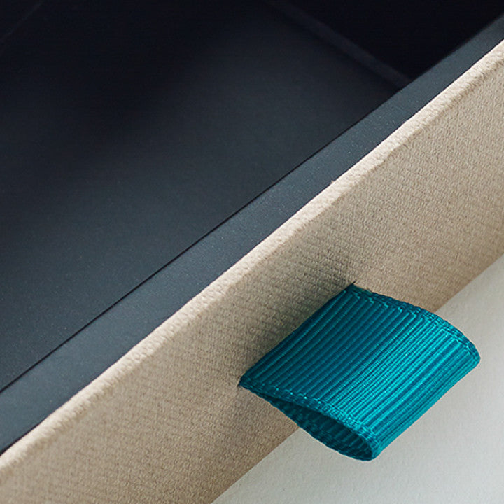 Teal Colour Grosgrain Ribbon Tab Loop on Rigid Base Tray Drawer Gift Box Covered in Textured Paper