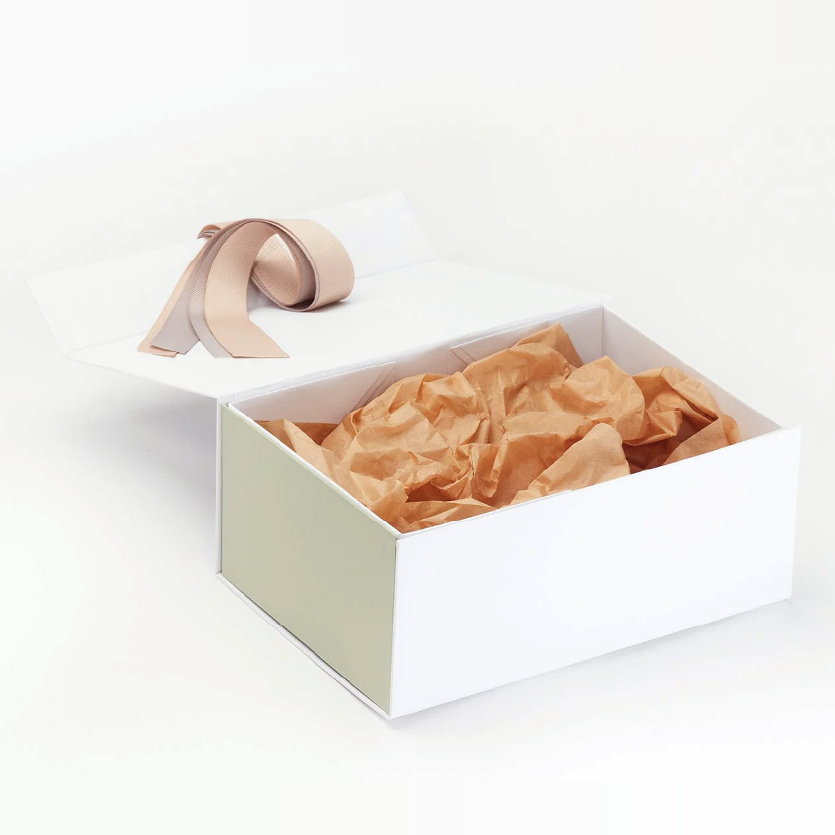 White A5 Deep gift box with Sage green side panels, Kraft Tissue paper and Ribbons