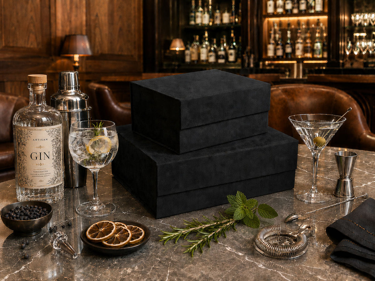 Black Faux Suede Gift Boxes For Artisan and Craft Spirits