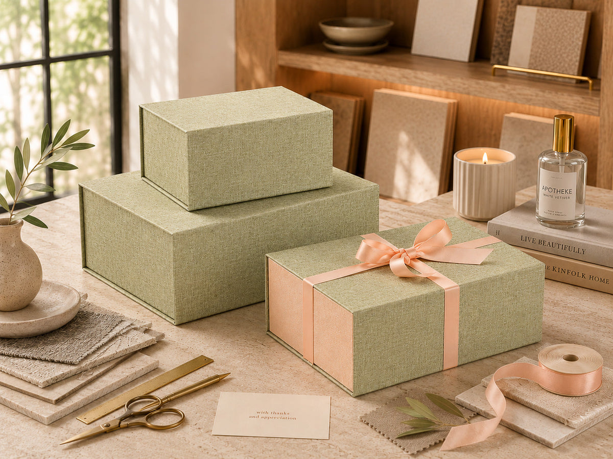 Sage Green Linen Gift Box Samples - Try Before Buying Bulk