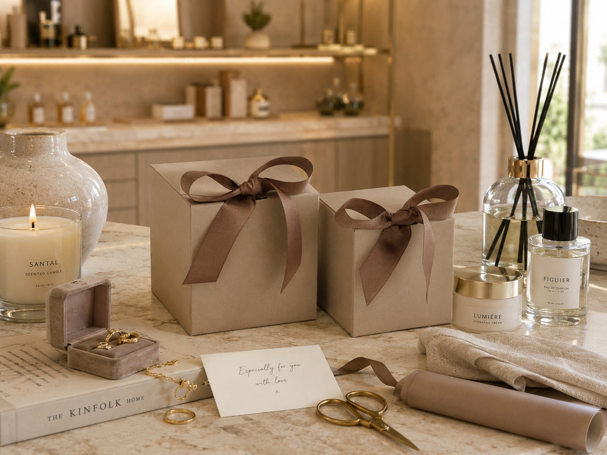 Rustic Taupe SoftBox Gift Carton Samples with Ribbon