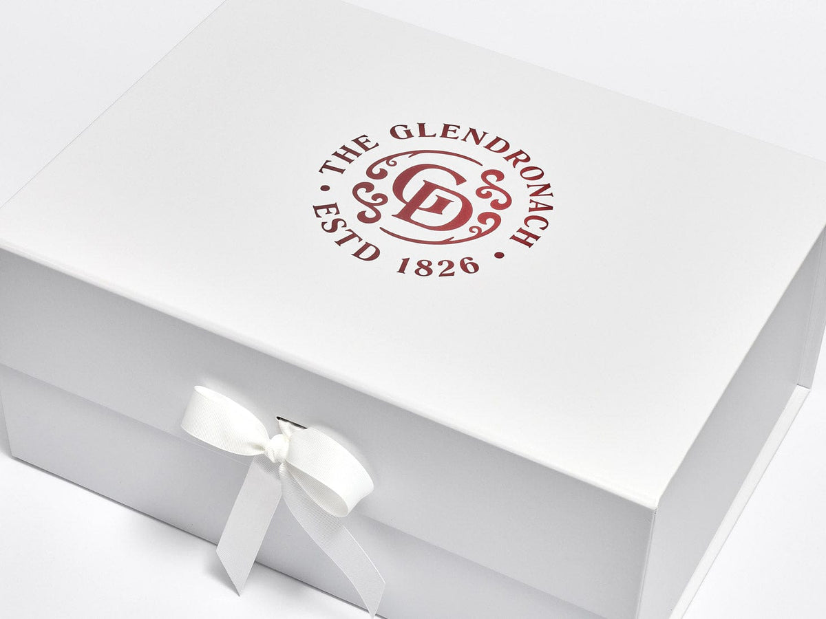 Burgundy Foiled Logo on White A3 Deep Gift Box with Changeable White ribbons