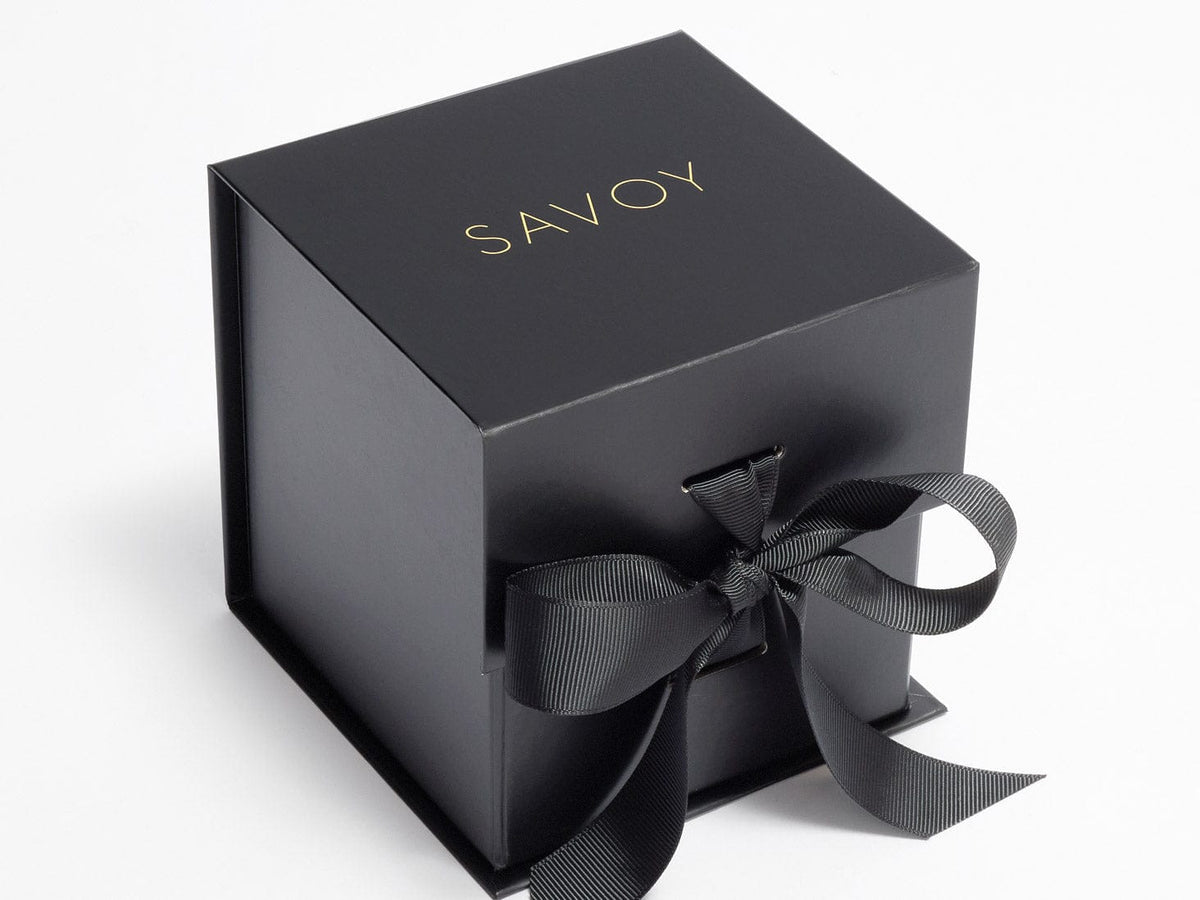 SAVOY gold foil logo on black small cube boxes with changeable ribbon