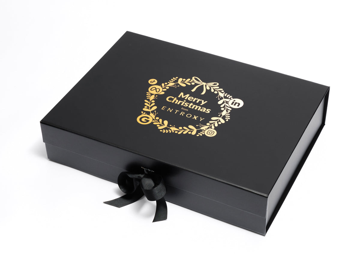 Metallic gold foiled Merry Christmas logo on Black A3 Shallow changeable ribbon box