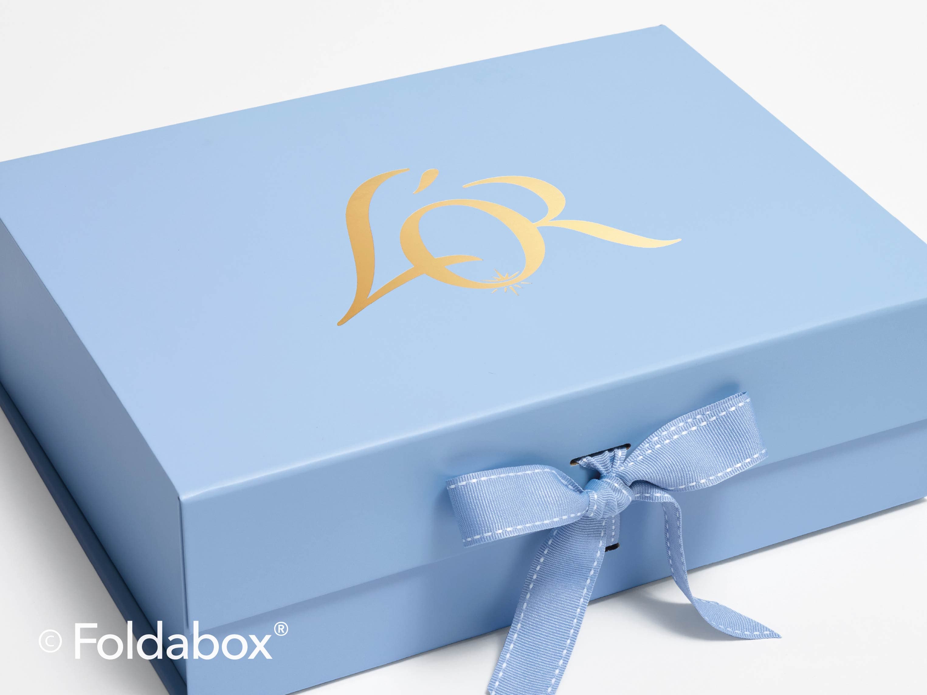 L’OR Logo on Pale Blue A4 Deep Gift Box with Changeable Ribbon