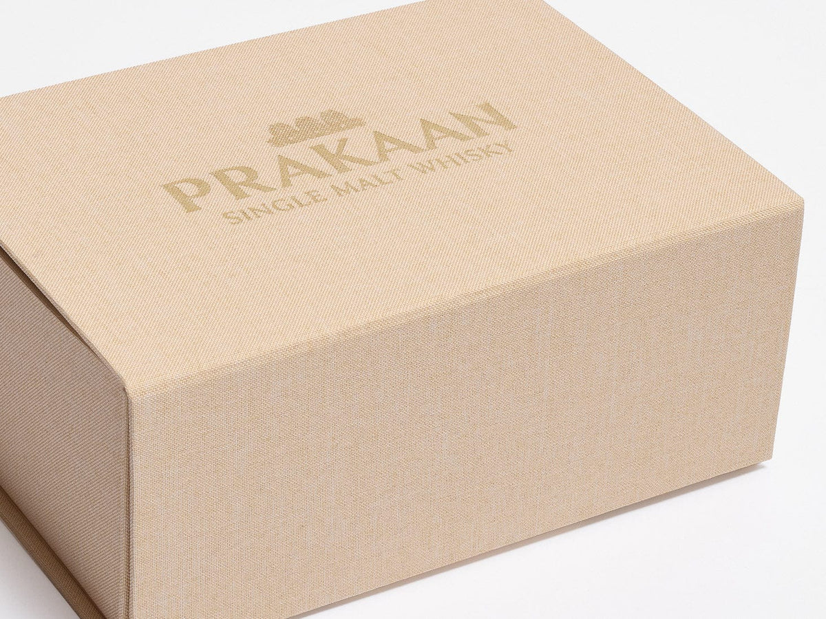 Gold Prakaan Foiled logo on A5 Deep Hessian Linen Gift Boxes