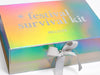 Holographic Rainbow A4 Deep Gift Box with 'festival survival kit’ Screen printed with a white bow on a white background