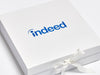 Indeed Blue Screen Printed Logo on White Large Gift Boxes With Fixed White Ribbons