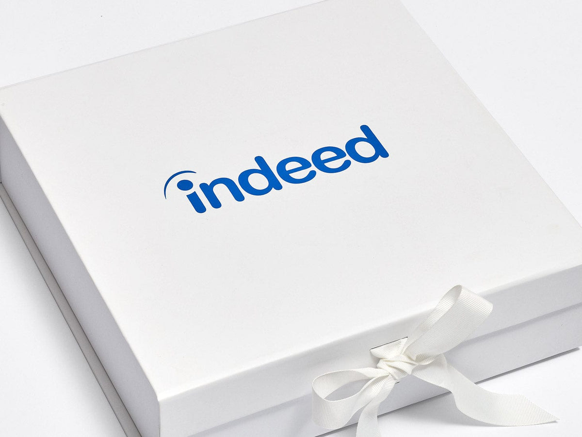 Indeed Blue Screen Printed Logo on White Large Gift Boxes With Fixed White Ribbons