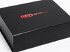 Black A4 Deep No Ribbon Gift box with 'RED Event Production’ Gloss Screen printed logo on a white background