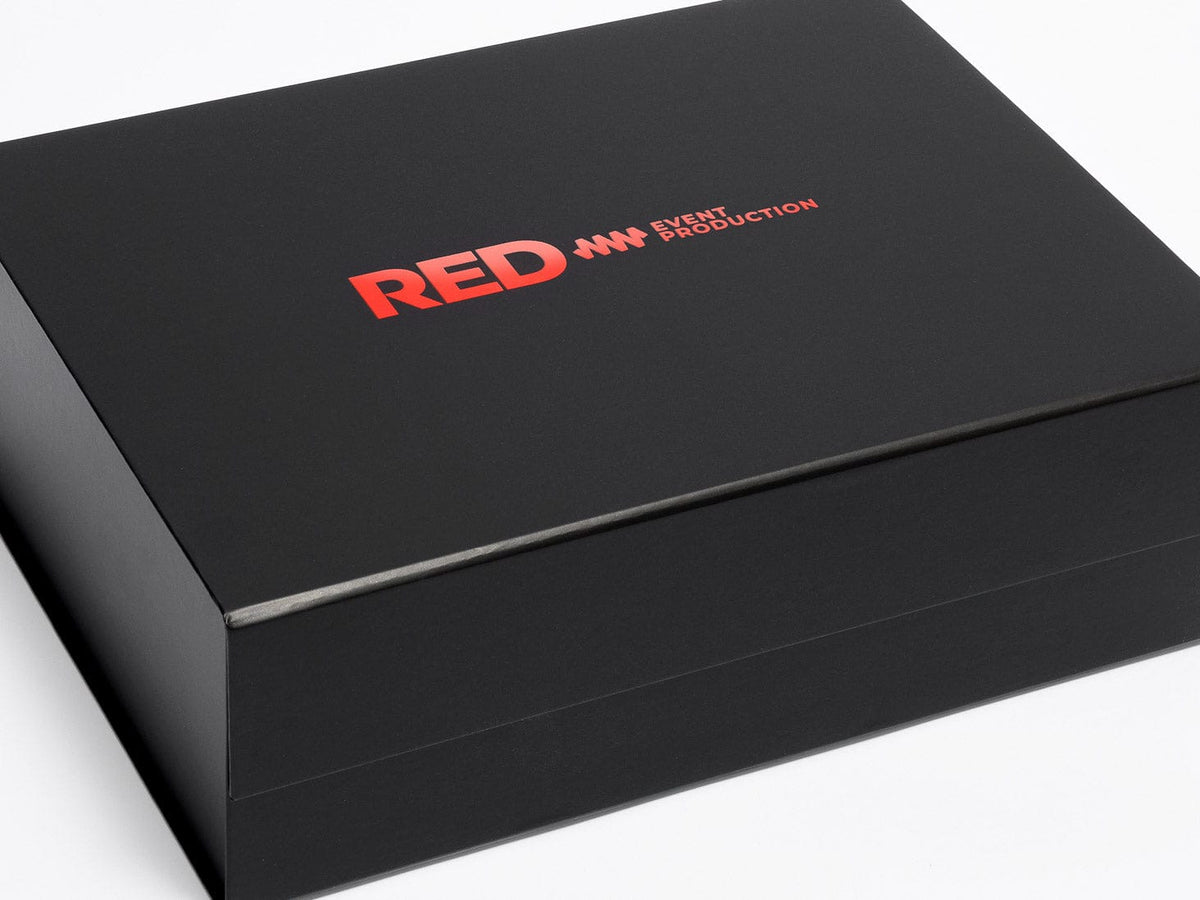 Black A4 Deep No Ribbon Gift box with 'RED Event Production’ Gloss Screen printed logo on a white background