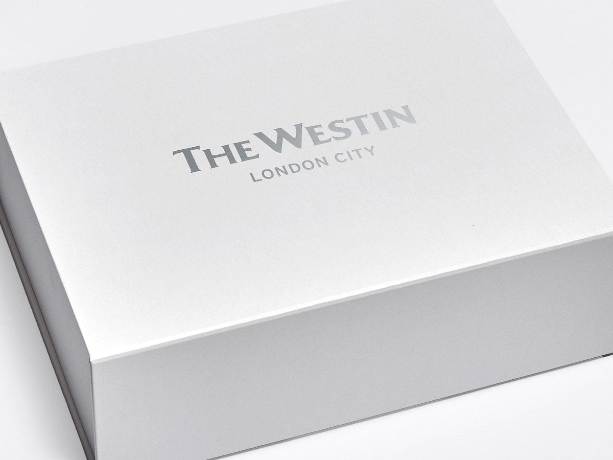 The Westin Silver Foiled logo on A4 Deep No Magnet White Boxes