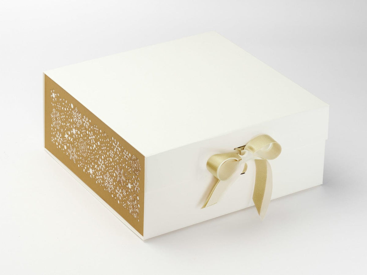 Gold Snowflakes FAB Sides® Featured on Ivory XL Deep Gift Box with Gold Sparkle Double Ribbon